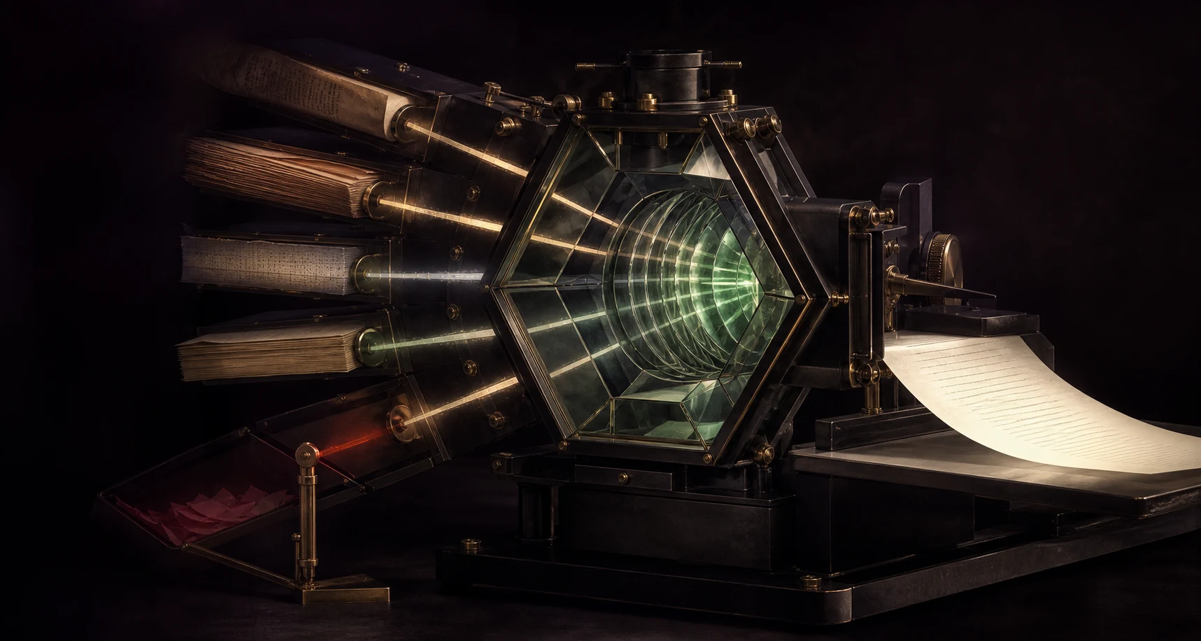A six-channel research instrument feeding evidence through five review layers into a report.