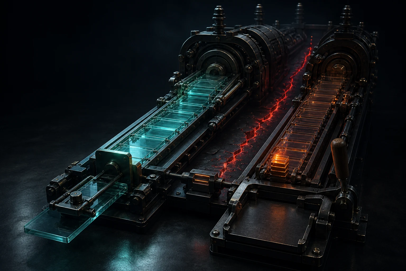 Twin operational tracks split between a closed local record and an open exchange record.